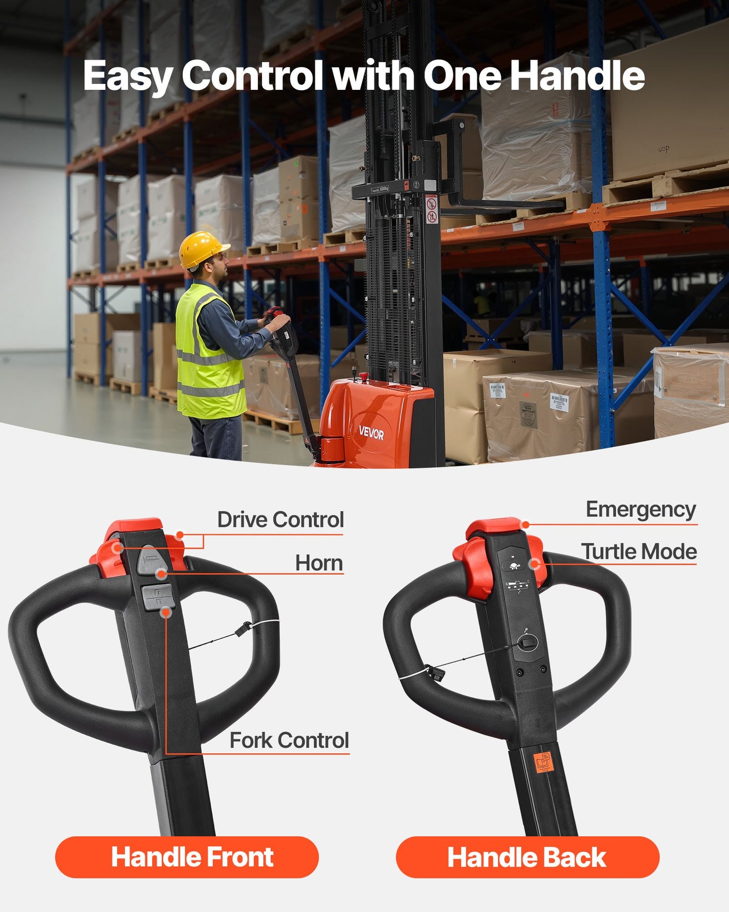 Full Electric Pallet Stacker, 3300 lbs Capacity, Pallet Lift Stacker Forklift with Straddle Legs & Forks, 127.6 Inches Lifting Height & 8.66-31.1 Inches Adjustable Fork Width, Orange & Black