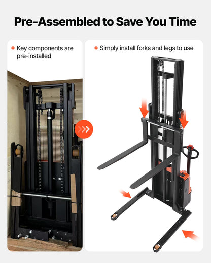 Full Electric Pallet Stacker, 3300 lbs Capacity, Pallet Lift Stacker Forklift with Straddle Legs & Forks, 127.6 Inches Lifting Height & 8.66-31.1 Inches Adjustable Fork Width, Orange & Black