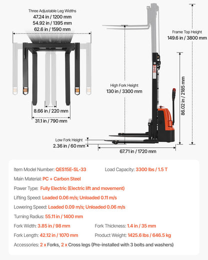 Full Electric Pallet Stacker, 3300 lbs Capacity, Pallet Lift Stacker Forklift with Straddle Legs & Forks, 127.6 Inches Lifting Height & 8.66-31.1 Inches Adjustable Fork Width, Orange & Black