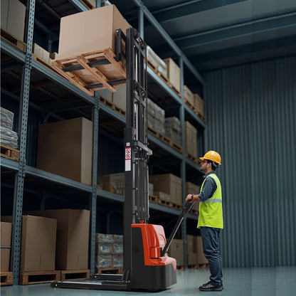 Full Electric Pallet Stacker, 3300 lbs Capacity, Pallet Lift Stacker Forklift with Straddle Legs & Forks, 127.6 Inches Lifting Height & 8.66-31.1 Inches Adjustable Fork Width, Orange & Black