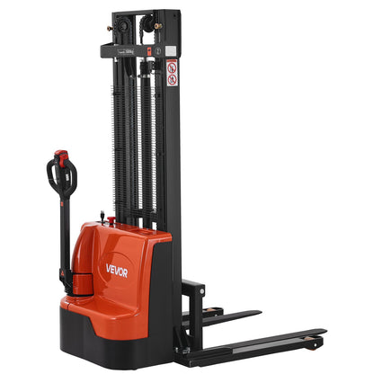 Full Electric Pallet Stacker, 3300 lbs Capacity, Pallet Lift Stacker Forklift with Straddle Legs & Forks, 127.6 Inches Lifting Height & 8.66-31.1 Inches Adjustable Fork Width, Orange & Black