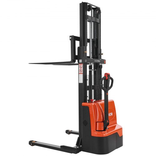 Full Electric Pallet Stacker, 3300 lbs Capacity, Pallet Lift Stacker Forklift with Straddle Legs & Forks, 96.06 Inches Lifting Height & 8.66-31.1 Inches Adjustable Fork Width, Orange & Black