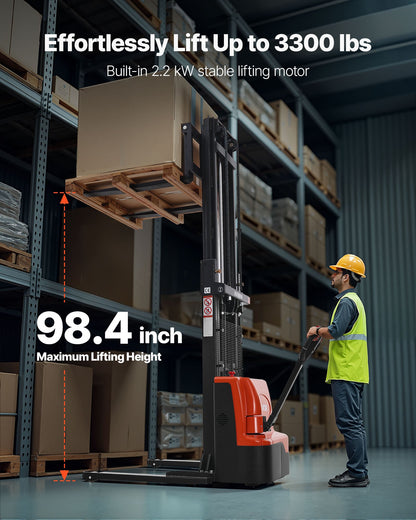 Full Electric Pallet Stacker, 3300 lbs Capacity, Pallet Lift Stacker Forklift with Straddle Legs & Forks, 96.06 Inches Lifting Height & 8.66-31.1 Inches Adjustable Fork Width, Orange & Black