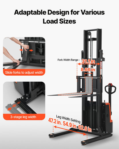 Full Electric Pallet Stacker, 3300 lbs Capacity, Pallet Lift Stacker Forklift with Straddle Legs & Forks, 96.06 Inches Lifting Height & 8.66-31.1 Inches Adjustable Fork Width, Orange & Black