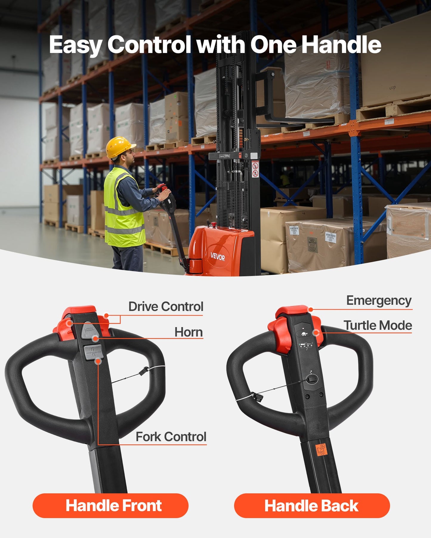 Full Electric Pallet Stacker, 3300 lbs Capacity, Pallet Lift Stacker Forklift with Straddle Legs & Forks, 96.06 Inches Lifting Height & 8.66-31.1 Inches Adjustable Fork Width, Orange & Black