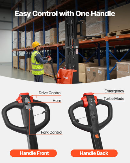 Full Electric Pallet Stacker, 3300 lbs Capacity, Pallet Lift Stacker Forklift with Straddle Legs & Forks, 96.06 Inches Lifting Height & 8.66-31.1 Inches Adjustable Fork Width, Orange & Black