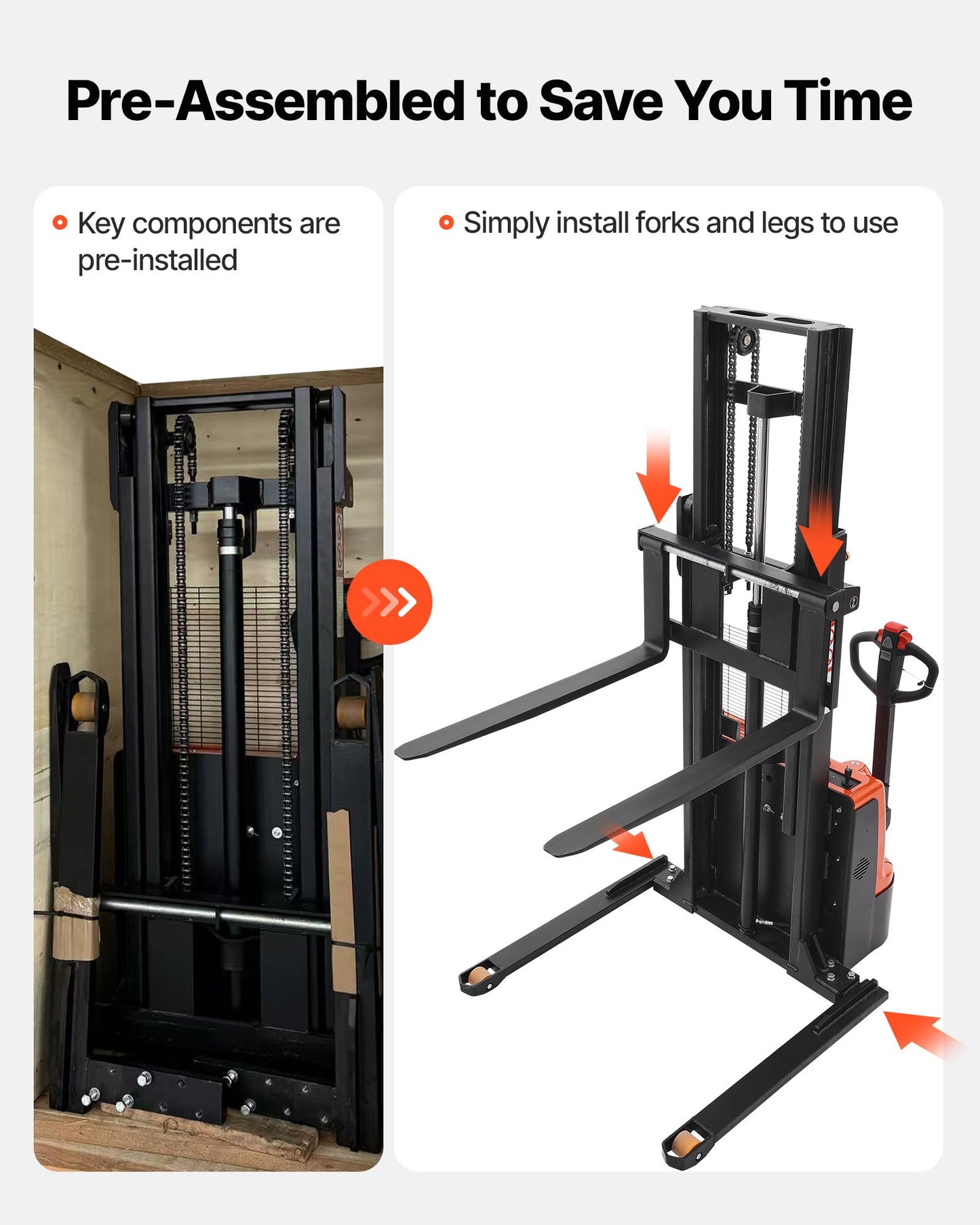 Full Electric Pallet Stacker, 3300 lbs Capacity, Pallet Lift Stacker Forklift with Straddle Legs & Forks, 96.06 Inches Lifting Height & 8.66-31.1 Inches Adjustable Fork Width, Orange & Black