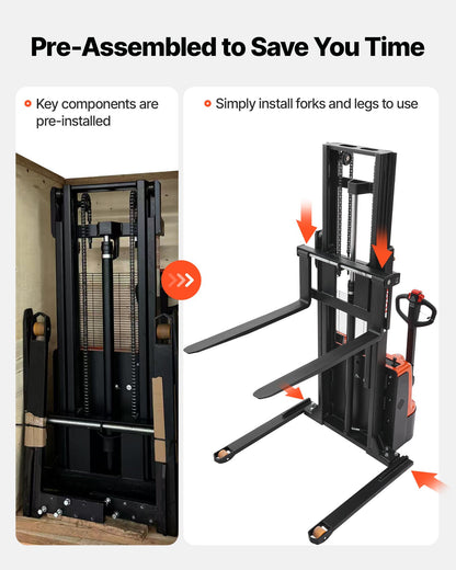 Full Electric Pallet Stacker, 3300 lbs Capacity, Pallet Lift Stacker Forklift with Straddle Legs & Forks, 96.06 Inches Lifting Height & 8.66-31.1 Inches Adjustable Fork Width, Orange & Black