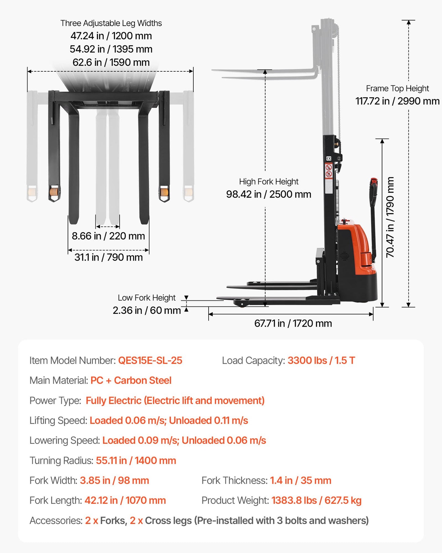 Full Electric Pallet Stacker, 3300 lbs Capacity, Pallet Lift Stacker Forklift with Straddle Legs & Forks, 96.06 Inches Lifting Height & 8.66-31.1 Inches Adjustable Fork Width, Orange & Black