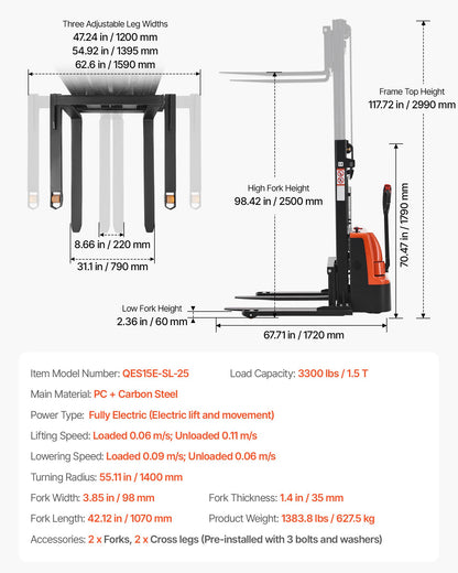 Full Electric Pallet Stacker, 3300 lbs Capacity, Pallet Lift Stacker Forklift with Straddle Legs & Forks, 96.06 Inches Lifting Height & 8.66-31.1 Inches Adjustable Fork Width, Orange & Black