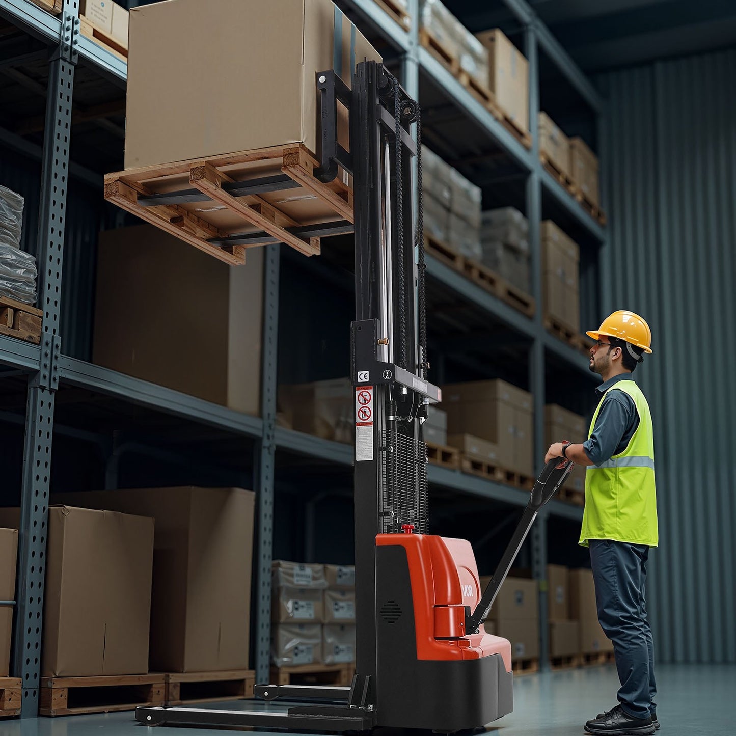 Full Electric Pallet Stacker, 3300 lbs Capacity, Pallet Lift Stacker Forklift with Straddle Legs & Forks, 96.06 Inches Lifting Height & 8.66-31.1 Inches Adjustable Fork Width, Orange & Black