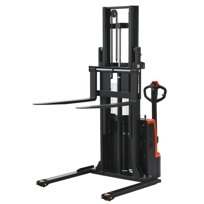 Full Electric Pallet Stacker, 3300 lbs Capacity, Pallet Lift Stacker Forklift with Straddle Legs & Forks, 96.06 Inches Lifting Height & 8.66-31.1 Inches Adjustable Fork Width, Orange & Black