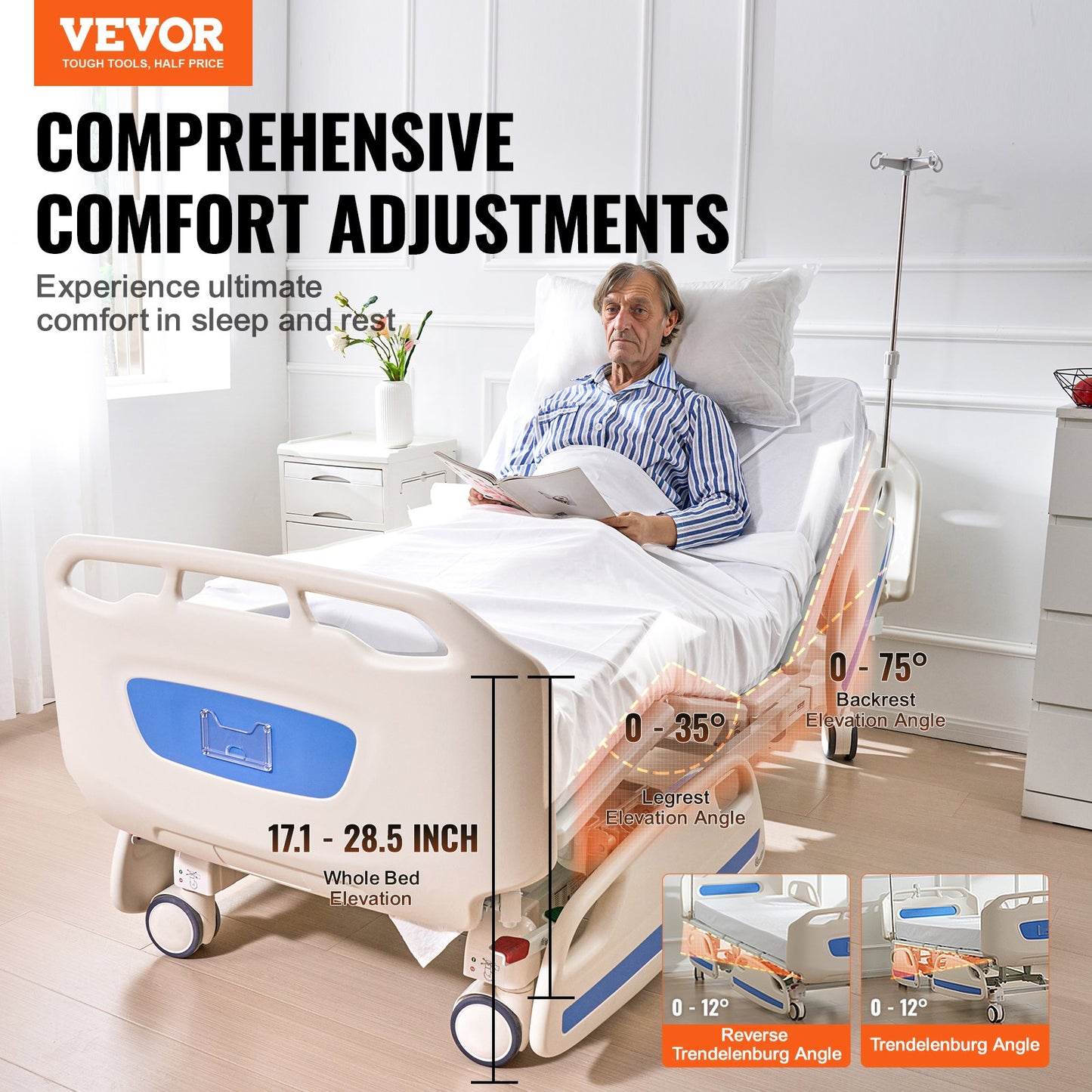 Premium 5-funktion Full elektrisk sjukhussäng ICU Medical Bed 550LBS Laster