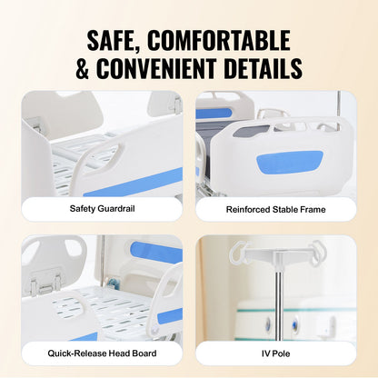 Premium 5 Function Full Electric Hospital Bed, ICU Electric Medical Bed with Trendelenburg & Reverse Trendelenburg, 5-Inch Locking Casters, IV Pole for Home Hospital Use, 550LBS Loading