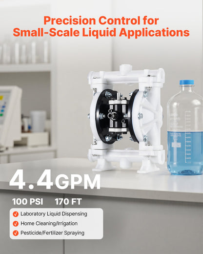 Air Operated Double Diaphragm Pump, 4.4 GPM, 1-1/2 inch Inlet & Outlet Pneumatic Waste Oil Transfer Pump, Max 100 PSI, Polypropylene Body, Air-Operated for Diesel, Grease, Kerosene, Gasoline