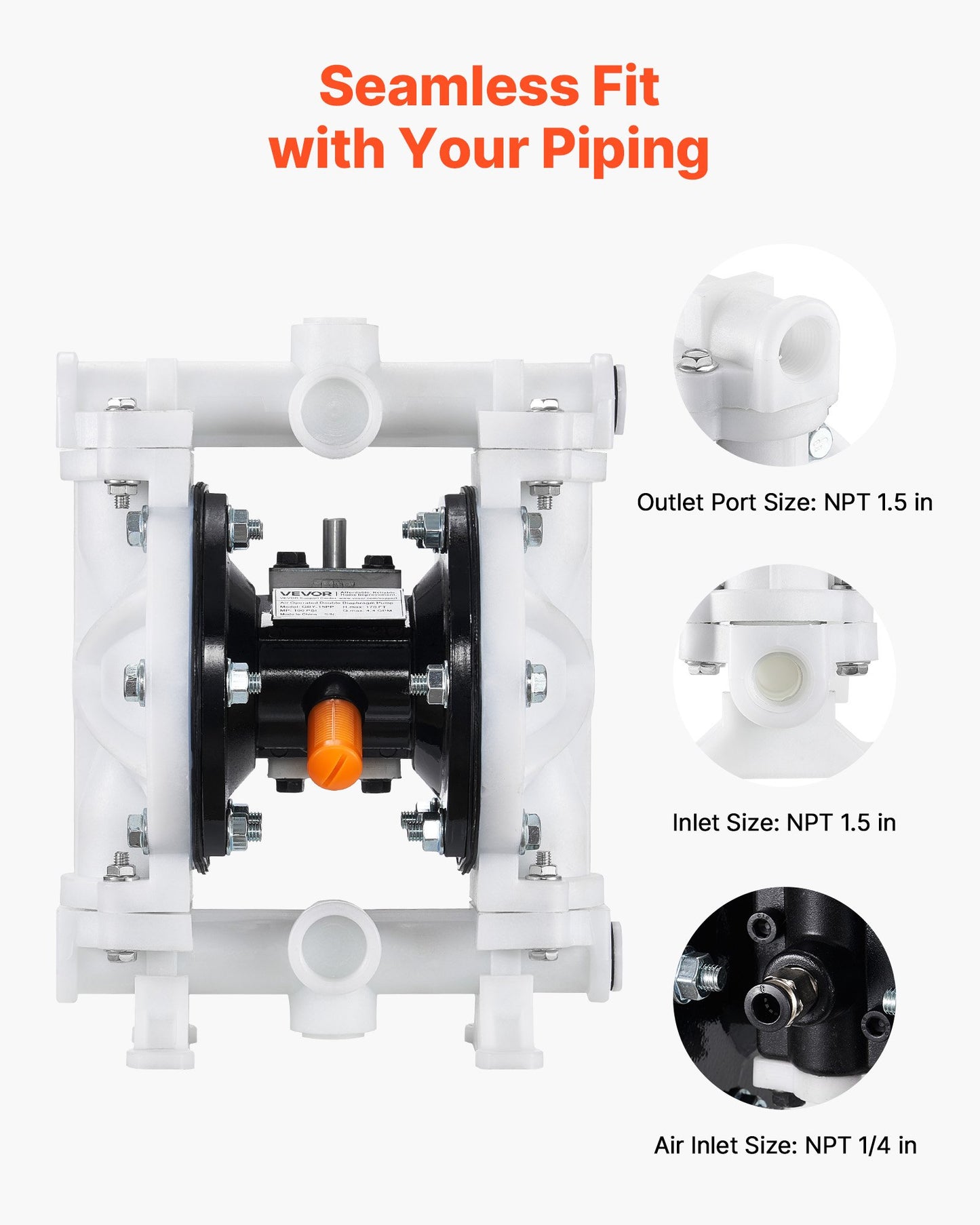 Air Operated Double Diaphragm Pump, 4.4 GPM, 1-1/2 inch Inlet & Outlet Pneumatic Waste Oil Transfer Pump, Max 100 PSI, Polypropylene Body, Air-Operated for Diesel, Grease, Kerosene, Gasoline