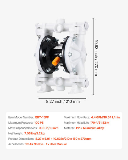 Air Operated Double Diaphragm Pump, 4.4 GPM, 1-1/2 inch Inlet & Outlet Pneumatic Waste Oil Transfer Pump, Max 100 PSI, Polypropylene Body, Air-Operated for Diesel, Grease, Kerosene, Gasoline