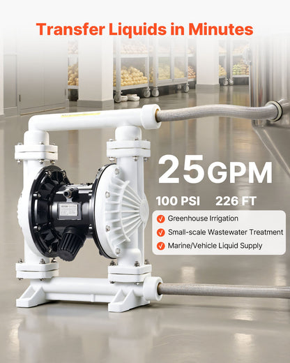 Air Operated Double Diaphragm Pump, 25 GPM, 1 inch Inlet & Outlet Pneumatic Waste Oil Transfer Pump, Max 100 PSI, Polypropylene Body, Air-Operated for Diesel, Grease, Kerosene, Gasoline & Oil