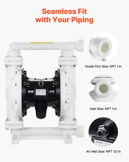 Air Operated Double Diaphragm Pump, 25 GPM, 1 inch Inlet & Outlet Pneumatic Waste Oil Transfer Pump, Max 100 PSI, Polypropylene Body, Air-Operated for Diesel, Grease, Kerosene, Gasoline & Oil