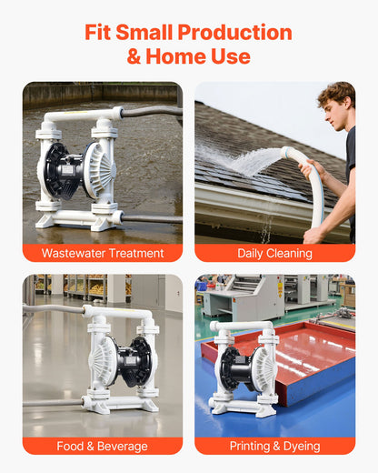 Air Operated Double Diaphragm Pump, 25 GPM, 1 inch Inlet & Outlet Pneumatic Waste Oil Transfer Pump, Max 100 PSI, Polypropylene Body, Air-Operated for Diesel, Grease, Kerosene, Gasoline & Oil