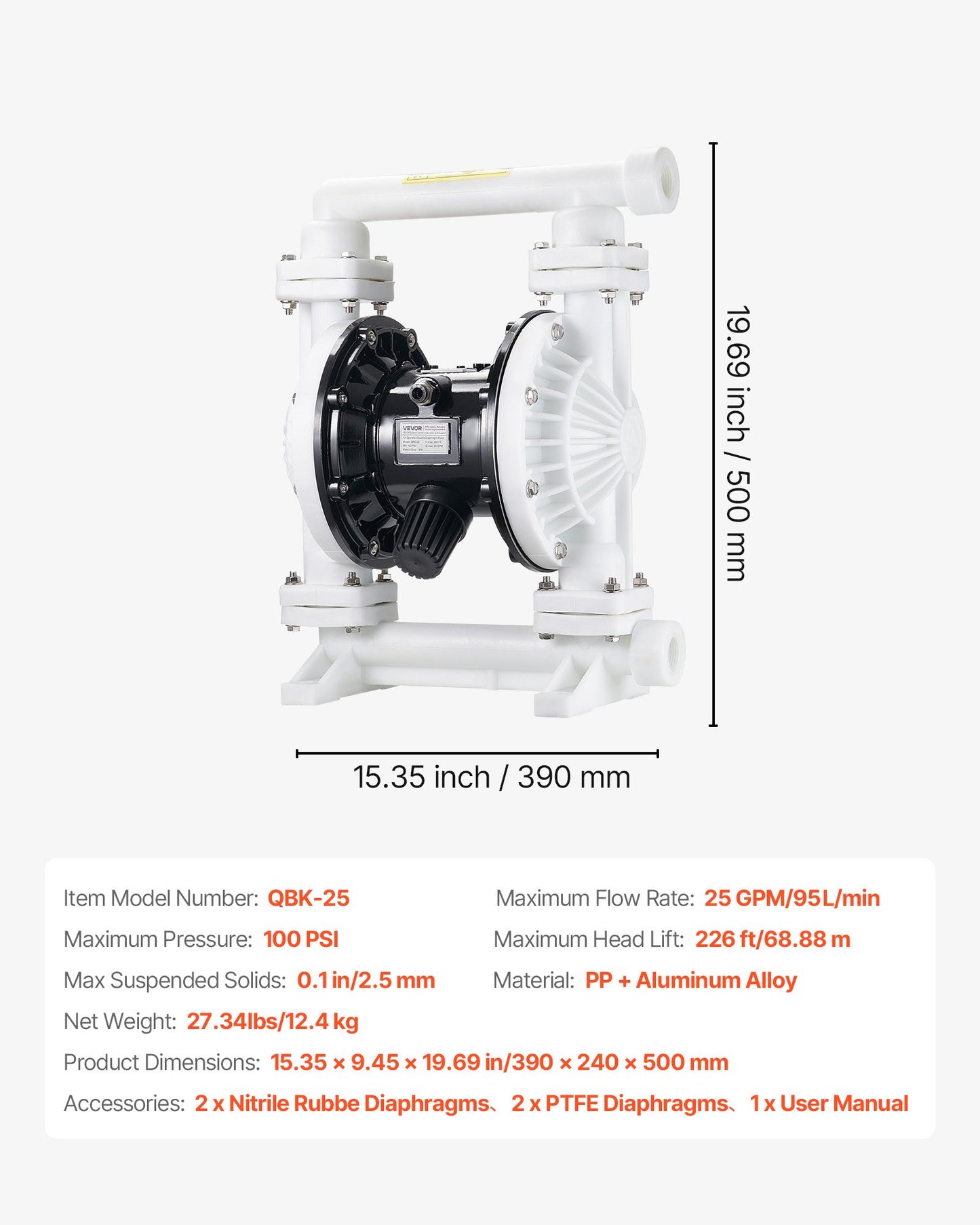 Air Operated Double Diaphragm Pump, 25 GPM, 1 inch Inlet & Outlet Pneumatic Waste Oil Transfer Pump, Max 100 PSI, Polypropylene Body, Air-Operated for Diesel, Grease, Kerosene, Gasoline & Oil