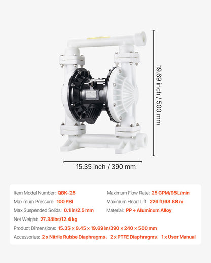 Air Operated Double Diaphragm Pump, 25 GPM, 1 inch Inlet & Outlet Pneumatic Waste Oil Transfer Pump, Max 100 PSI, Polypropylene Body, Air-Operated for Diesel, Grease, Kerosene, Gasoline & Oil