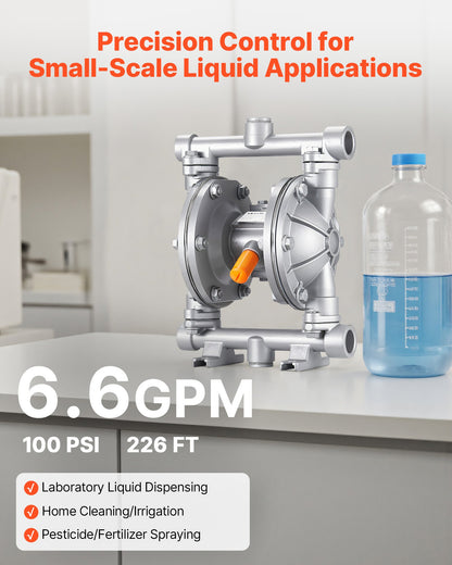 Air Operated Double Diaphragm Pump, 6.6 GPM, 3/8 inch Inlet & Outlet Pneumatic Waste Oil Transfer Pump, Max 100 PSI, Aluminum Alloy Body, Air-Operated for Diesel, Grease, Kerosene, Gasoline