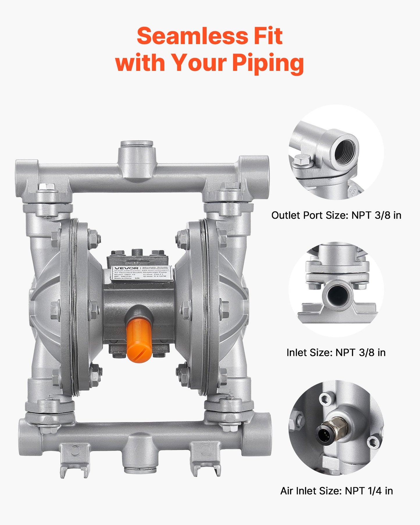 Air Operated Double Diaphragm Pump, 6.6 GPM, 3/8 inch Inlet & Outlet Pneumatic Waste Oil Transfer Pump, Max 100 PSI, Aluminum Alloy Body, Air-Operated for Diesel, Grease, Kerosene, Gasoline