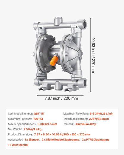 Air Operated Double Diaphragm Pump, 6.6 GPM, 3/8 inch Inlet & Outlet Pneumatic Waste Oil Transfer Pump, Max 100 PSI, Aluminum Alloy Body, Air-Operated for Diesel, Grease, Kerosene, Gasoline