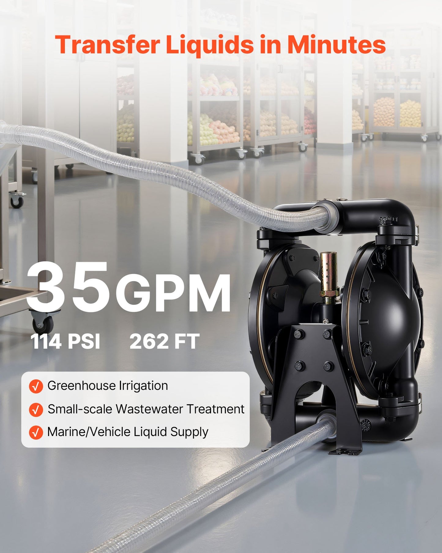 Air Operated Double Diaphragm Pump, 35 GPM, 1 inch Inlet & Outlet Pneumatic Waste Oil Transfer Pump, Max 114 PSI, Aluminum Alloy Body, Air-Operated for Diesel, Grease, Kerosene, Gasoline & Oil