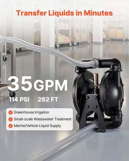 Air Operated Double Diaphragm Pump, 35 GPM, 1 inch Inlet & Outlet Pneumatic Waste Oil Transfer Pump, Max 114 PSI, Aluminum Alloy Body, Air-Operated for Diesel, Grease, Kerosene, Gasoline & Oil