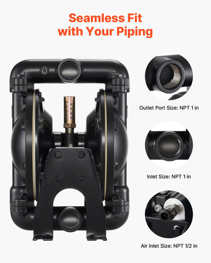 Air Operated Double Diaphragm Pump, 35 GPM, 1 inch Inlet & Outlet Pneumatic Waste Oil Transfer Pump, Max 114 PSI, Aluminum Alloy Body, Air-Operated for Diesel, Grease, Kerosene, Gasoline & Oil