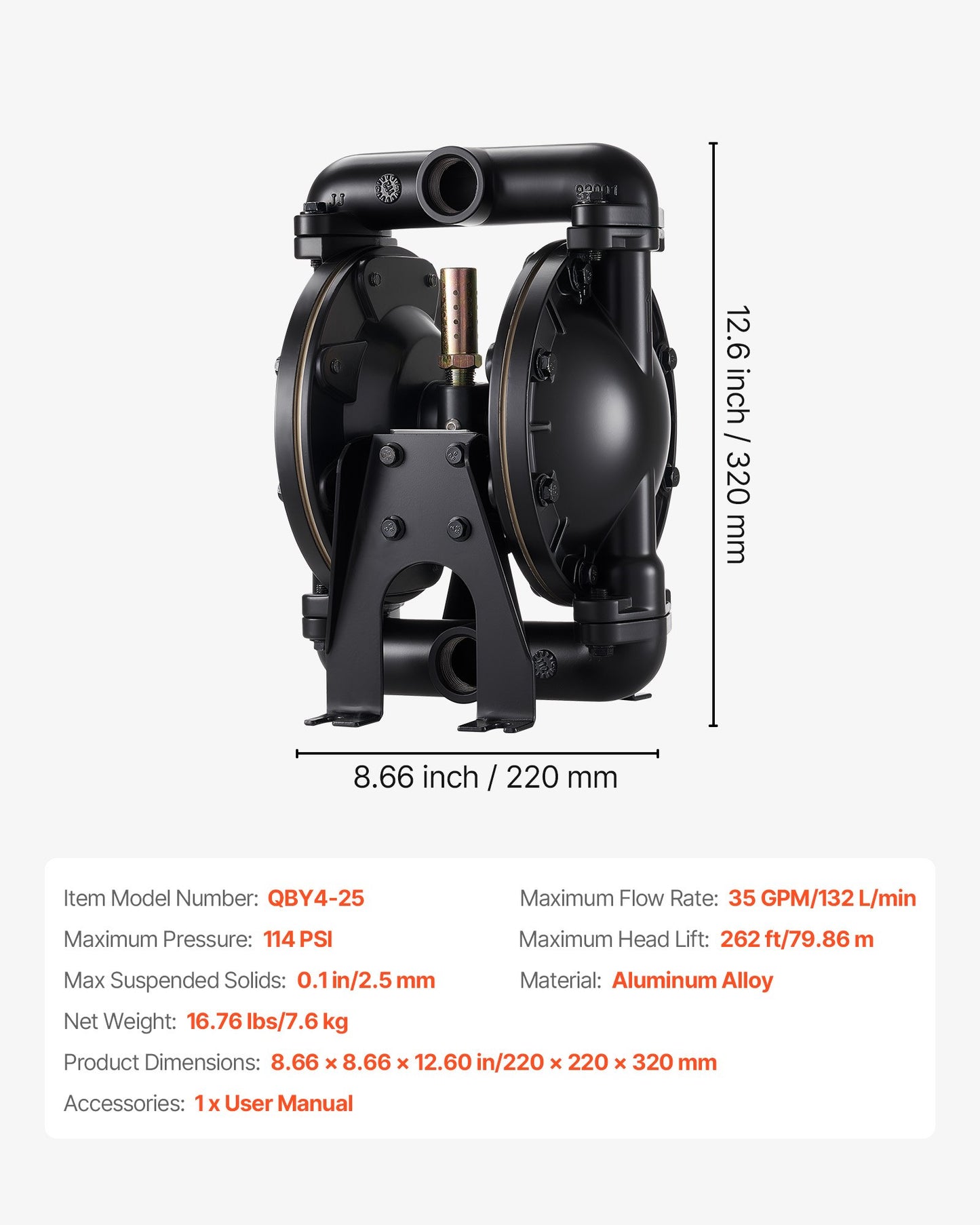 Air Operated Double Diaphragm Pump, 35 GPM, 1 inch Inlet & Outlet Pneumatic Waste Oil Transfer Pump, Max 114 PSI, Aluminum Alloy Body, Air-Operated for Diesel, Grease, Kerosene, Gasoline & Oil