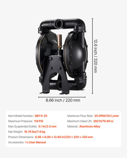 Air Operated Double Diaphragm Pump, 35 GPM, 1 inch Inlet & Outlet Pneumatic Waste Oil Transfer Pump, Max 114 PSI, Aluminum Alloy Body, Air-Operated for Diesel, Grease, Kerosene, Gasoline & Oil