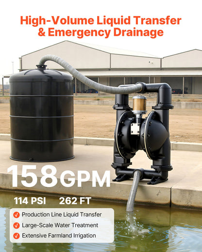 Air Operated Double Diaphragm Pump, 158 GPM, 2 inch Inlet & Outlet Pneumatic Waste Oil Transfer Pump, Max 114 PSI, Aluminum Alloy Body, Air-Operated for Diesel, Grease, Kerosene, Gasoline & Oil