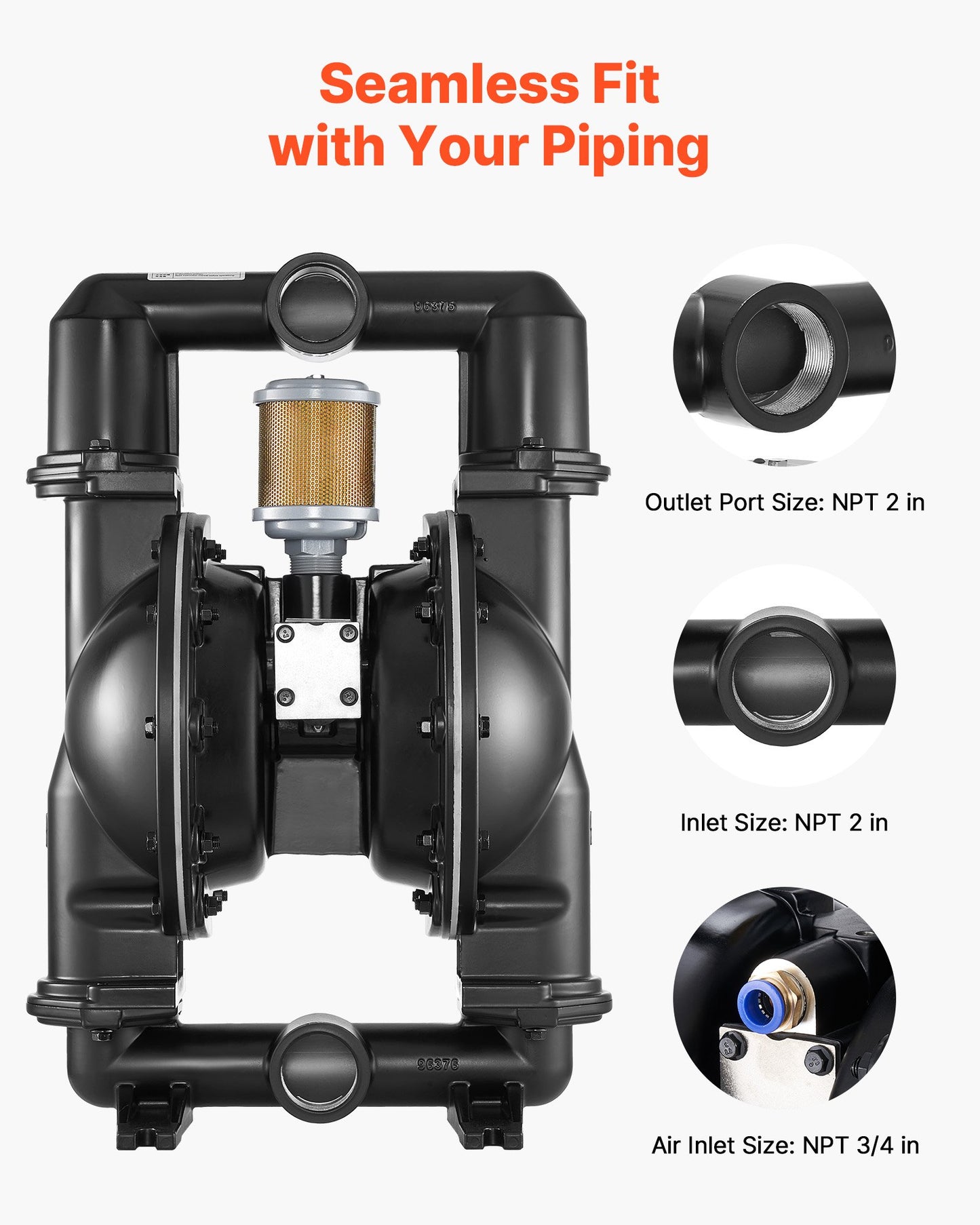 Air Operated Double Diaphragm Pump, 158 GPM, 2 inch Inlet & Outlet Pneumatic Waste Oil Transfer Pump, Max 114 PSI, Aluminum Alloy Body, Air-Operated for Diesel, Grease, Kerosene, Gasoline & Oil