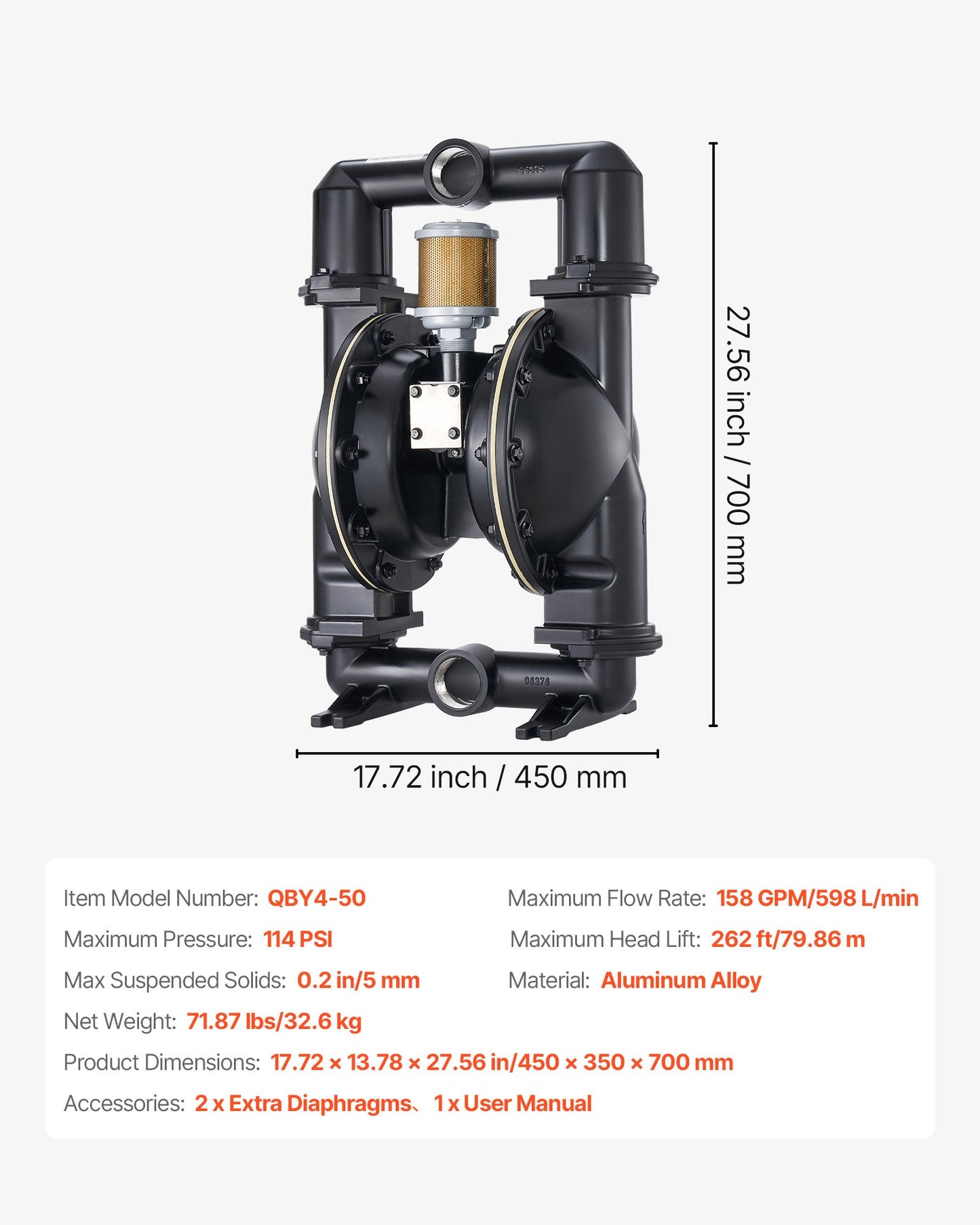 Air Operated Double Diaphragm Pump, 158 GPM, 2 inch Inlet & Outlet Pneumatic Waste Oil Transfer Pump, Max 114 PSI, Aluminum Alloy Body, Air-Operated for Diesel, Grease, Kerosene, Gasoline & Oil