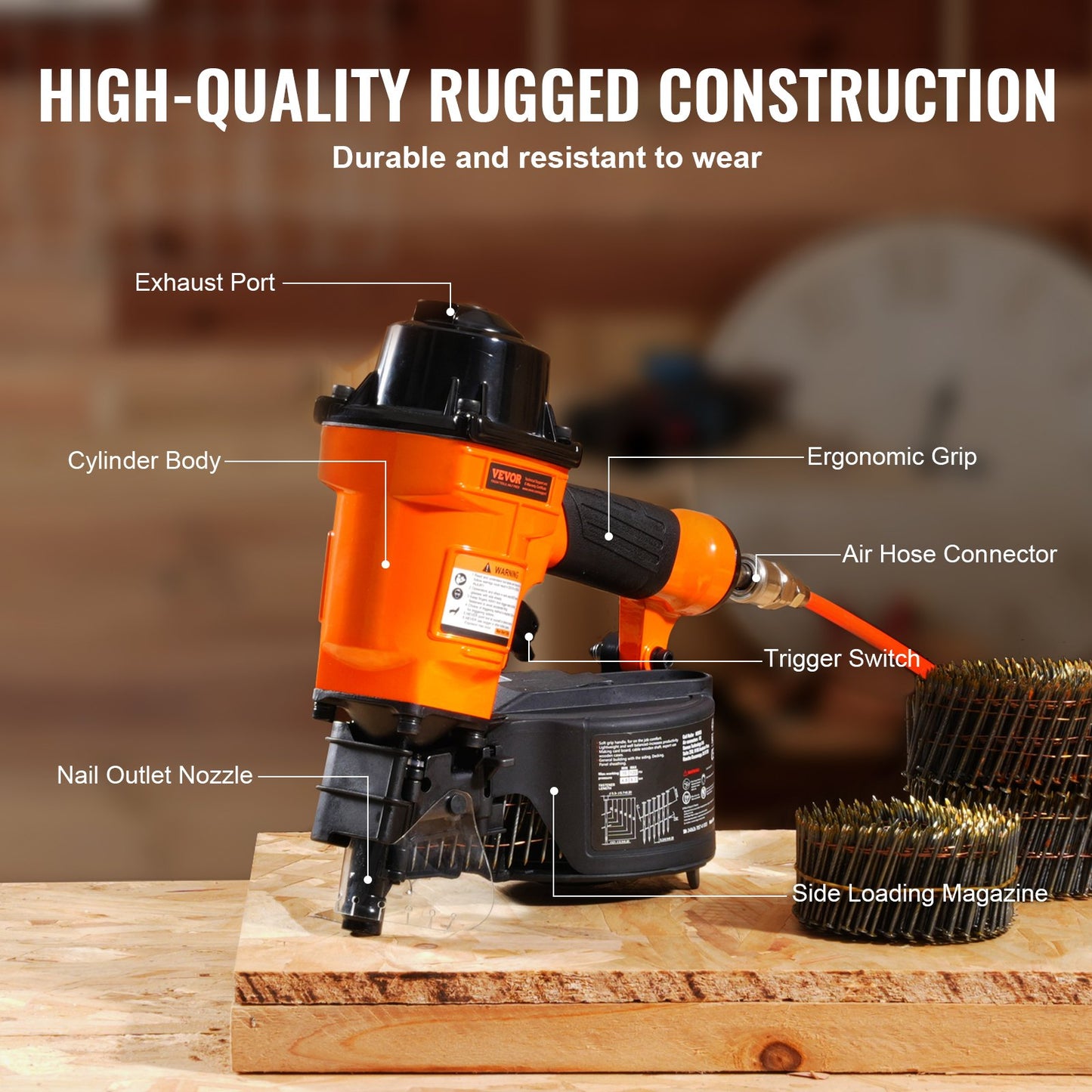 Coil Siding Nailer MCN55, 1 inch to 2-1/4 inch 15 Degree Pneumatic Siding Nail Gun, 70-120PSI Air Coil Nailer for Siding, Pallet Sheathing, Fencing, Decking