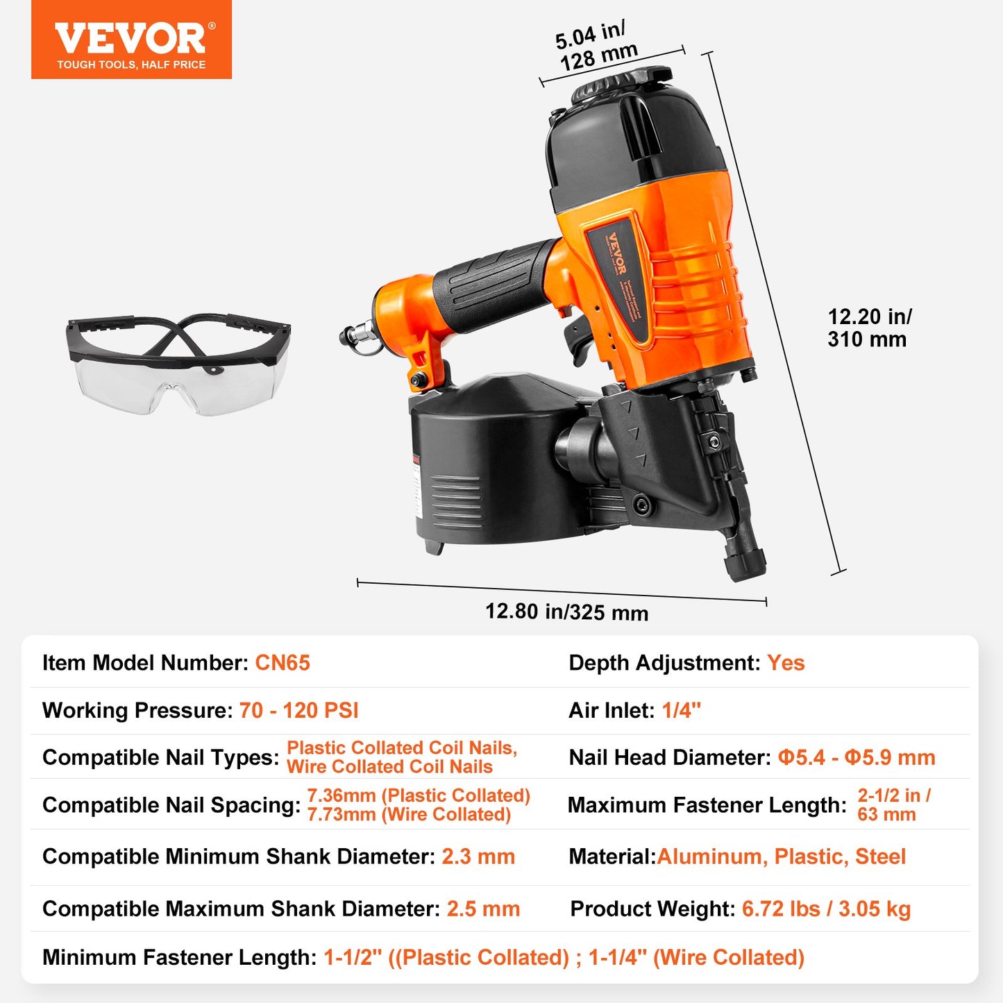 Coil Siding Nailer CN65, 1-1/4" to 2-1/2" 15 Degree Pneumatic Siding Nail Gun with Tool-Less Depth Adjustment, 70-120PSI Air Coil Nailer for Siding, Pallet Sheathing, Wooding, Fencing, Decking