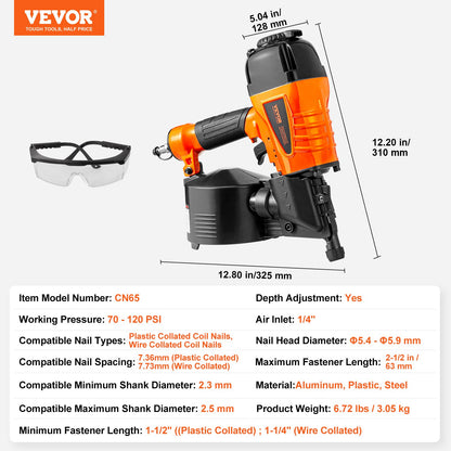Coil Siding Nailer CN65, 1-1/4" to 2-1/2" 15 Degree Pneumatic Siding Nail Gun with Tool-Less Depth Adjustment, 70-120PSI Air Coil Nailer for Siding, Pallet Sheathing, Wooding, Fencing, Decking