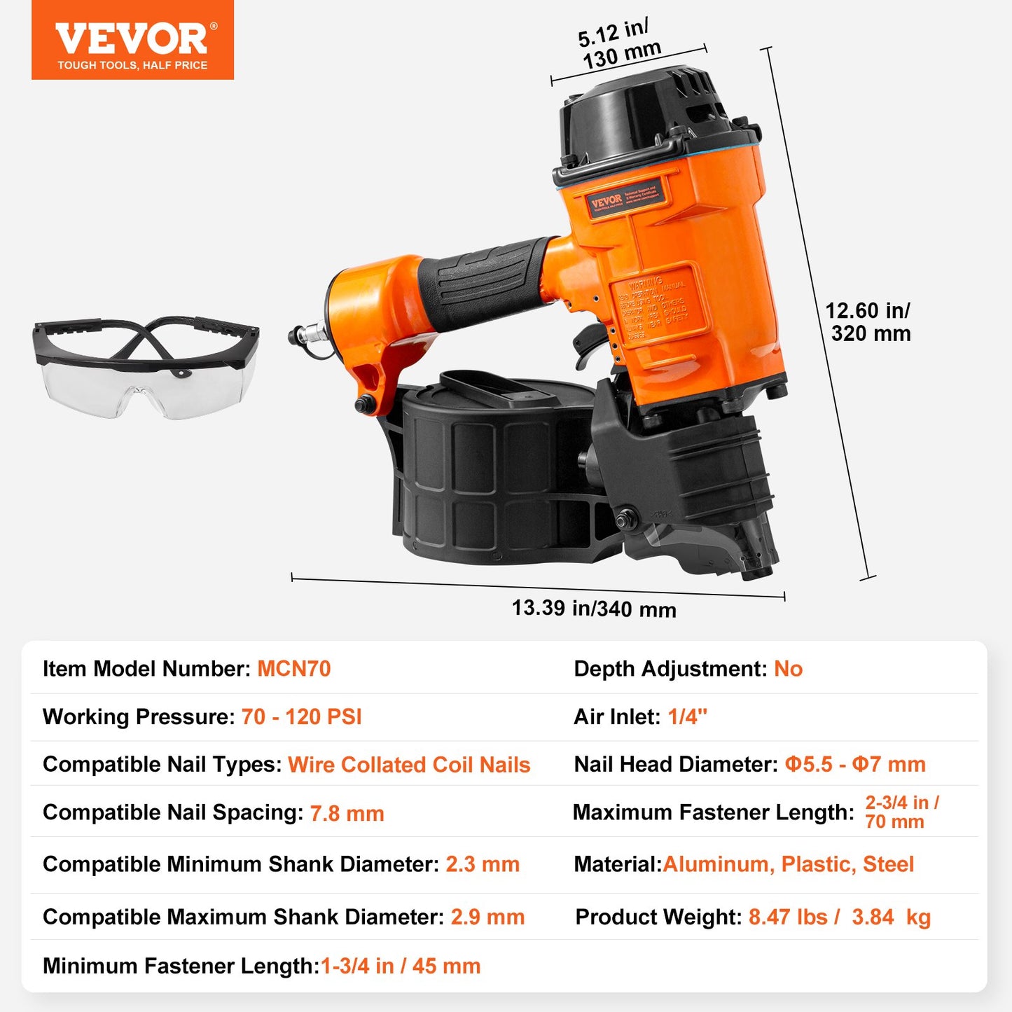 Coil Siding Nailer MCN70, 1-3/4" to 2-3/4" 15 Degree Pneumatic Siding Nail Gun, 70-120PSI Air Coil Nailer for Pallet, Crating, Framing, Siding and Fencing