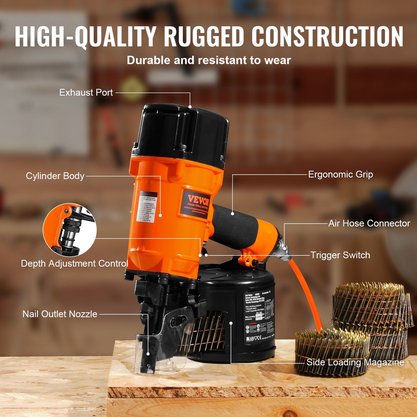 Coil Siding/Framing Nailer CN83N, 2" to 3-1/4" 15 Degree Pneumatic Siding Nail Gun with Tool-Less Depth Adjustment, 70-120PSI Air Coil Nailer for Siding Sheathing Wooding Fencing Decking