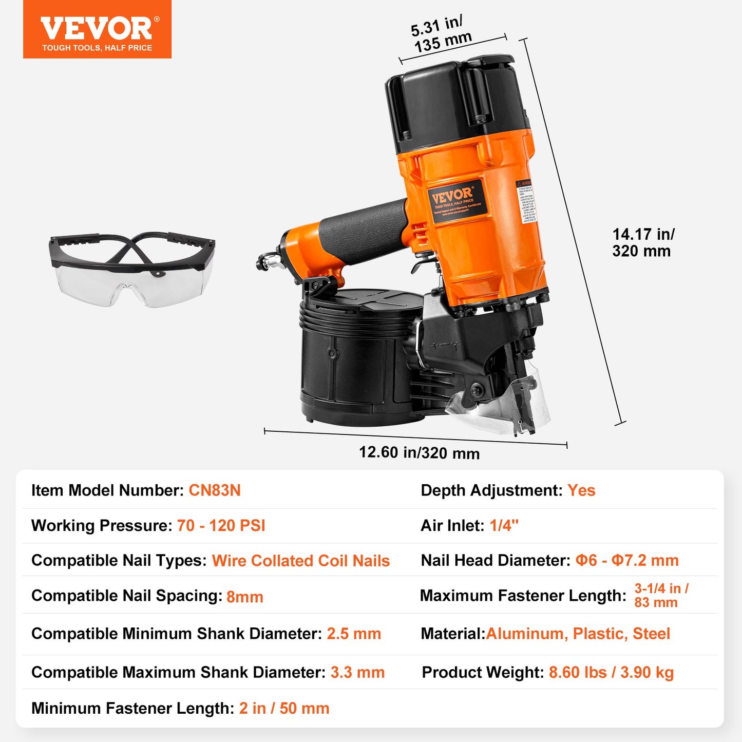 Coil Siding/Framing Nailer CN83N, 2" to 3-1/4" 15 Degree Pneumatic Siding Nail Gun with Tool-Less Depth Adjustment, 70-120PSI Air Coil Nailer for Siding Sheathing Wooding Fencing Decking