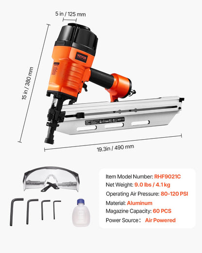 Framing Nailer, 80-120PSI Air Nail Gun, 2" to 3-1/2" 21 Degree Full Round Head Pneumatic Framing Nailer with Tool-Less Depth Adjustment & Dual Trigger Modes, Ideal for Framing Decking Flooring