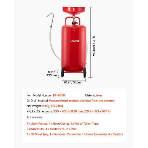 95L spilloljeavtappningstank, luftdriven bärbar oljetömningstank med justerbar tratthöjd, industriell vätskeavtappningstank med hjul, dränering för vätskeöverföring av bränsle för bilverkstäder, röd |  EU