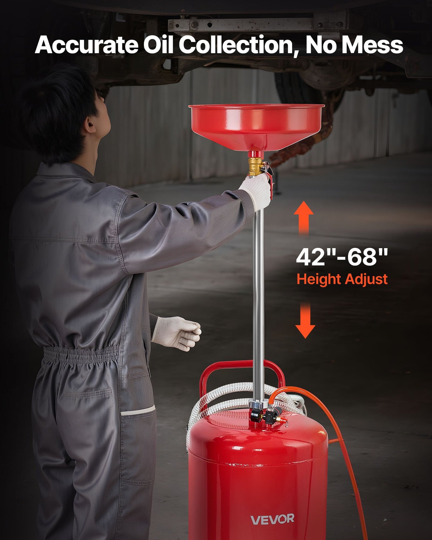 25 Gallon Waste Oil Drain Tank, Air Operated Portable Oil Drainer with Adjustable Funnel Height, Industrial Fluid Drain Tank with Wheels, Fluid Fuel Transfer Drainage for Auto Repair Shops, Red