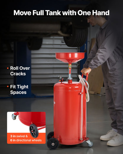 25 Gallon Waste Oil Drain Tank, Air Operated Portable Oil Drainer with Adjustable Funnel Height, Industrial Fluid Drain Tank with Wheels, Fluid Fuel Transfer Drainage for Auto Repair Shops, Red