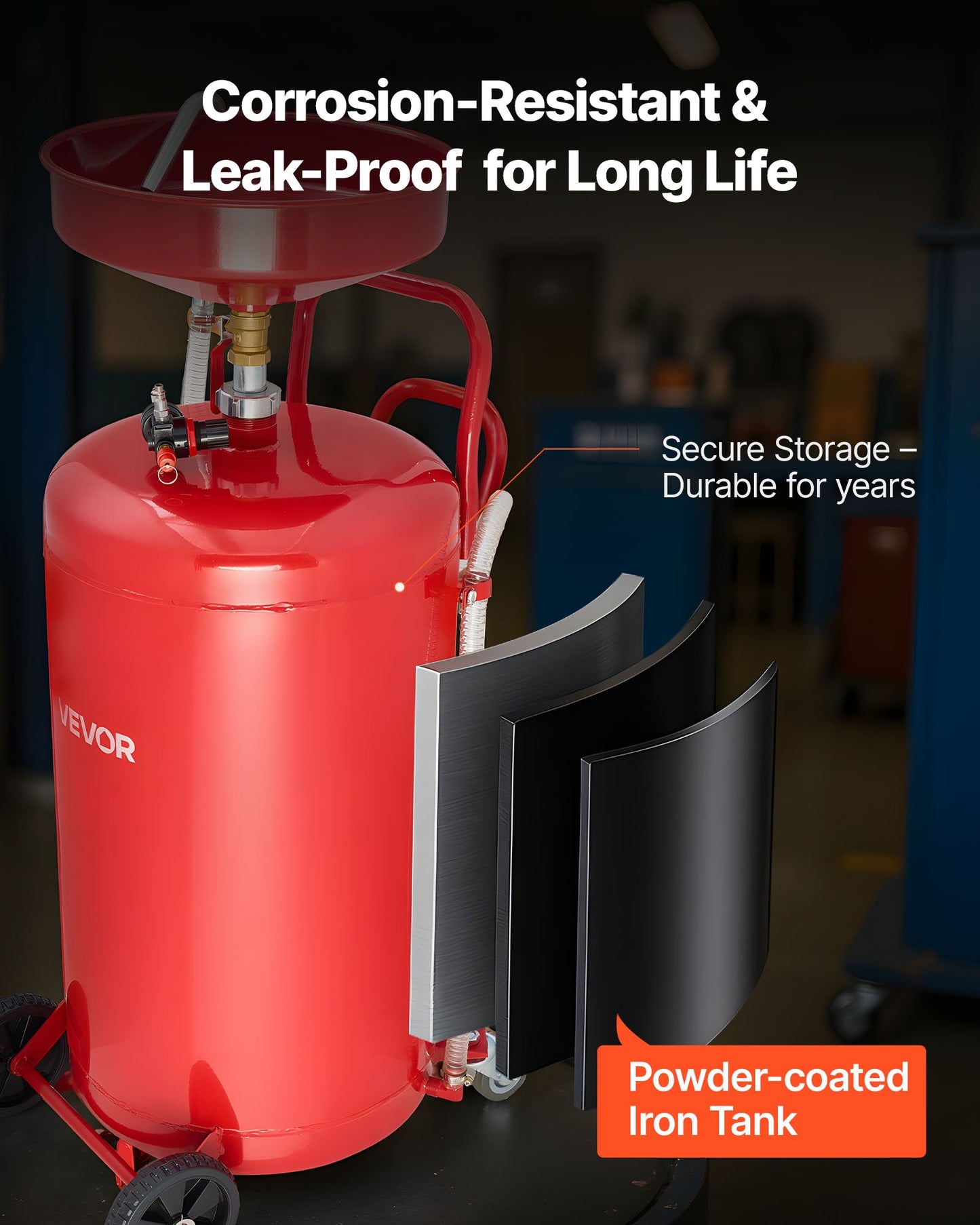 25 Gallon Waste Oil Drain Tank, Air Operated Portable Oil Drainer with Adjustable Funnel Height, Industrial Fluid Drain Tank with Wheels, Fluid Fuel Transfer Drainage for Auto Repair Shops, Red