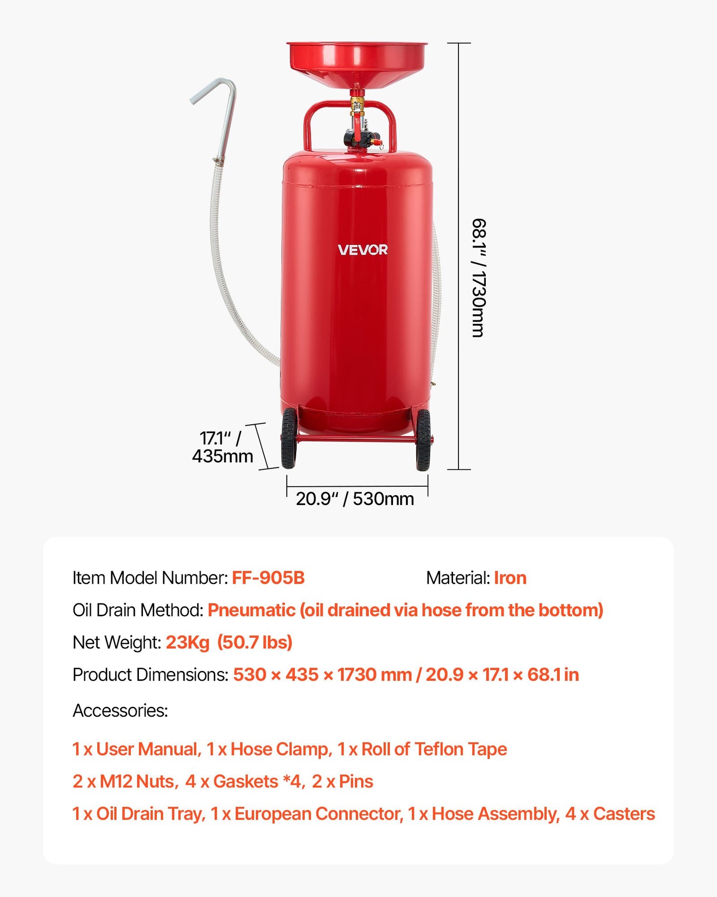 25 Gallon Waste Oil Drain Tank, Air Operated Portable Oil Drainer with Adjustable Funnel Height, Industrial Fluid Drain Tank with Wheels, Fluid Fuel Transfer Drainage for Auto Repair Shops, Red