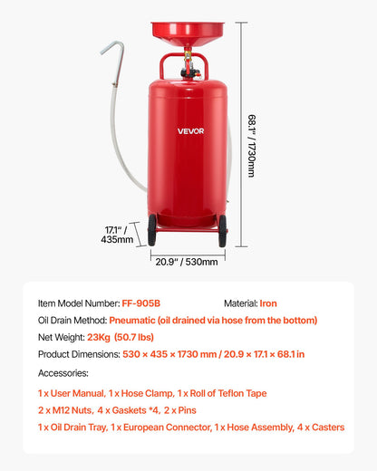 25 Gallon Waste Oil Drain Tank, Air Operated Portable Oil Drainer with Adjustable Funnel Height, Industrial Fluid Drain Tank with Wheels, Fluid Fuel Transfer Drainage for Auto Repair Shops, Red